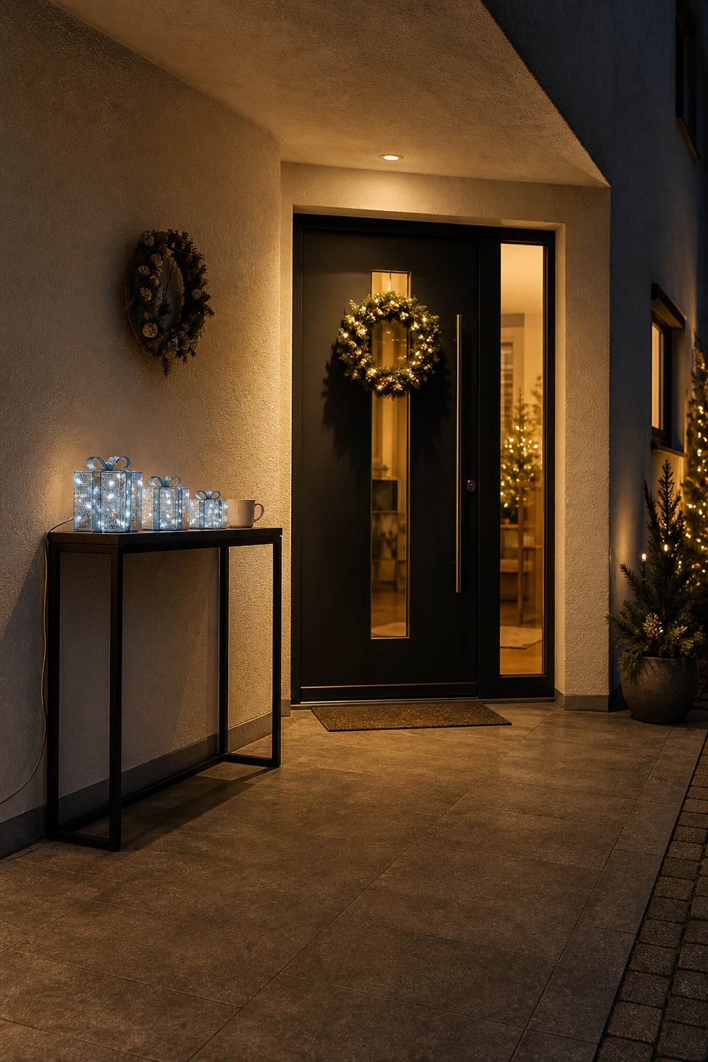 Drei kleine silberne LED-Geschenkboxen auf einer Konsole am Hauseingang