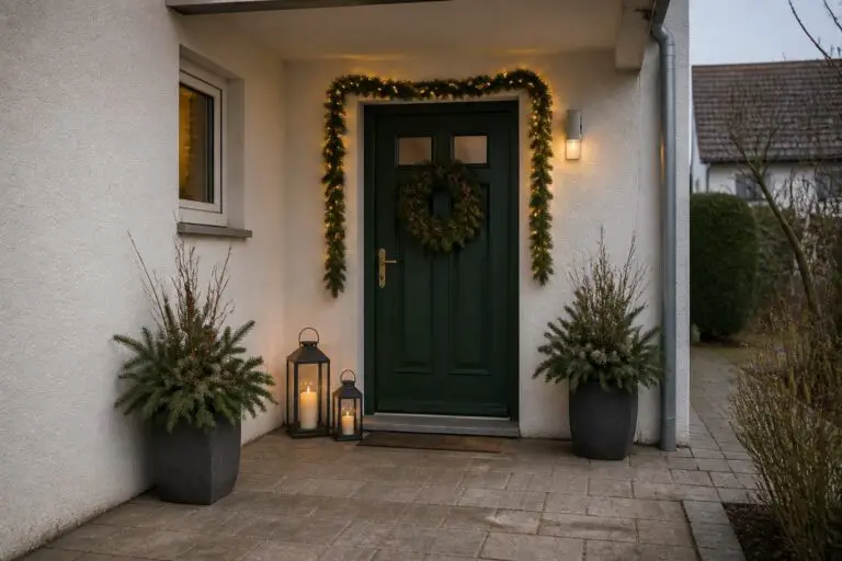 Weihnachtlich dekorierter deutscher Hauseingang mit Kranz, Girlande und Laternen