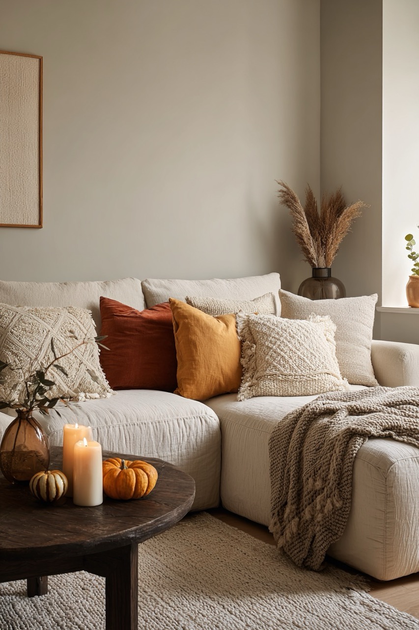 Dekoriere das Wohnzimmer mit herbstlichen Kissen und Decken