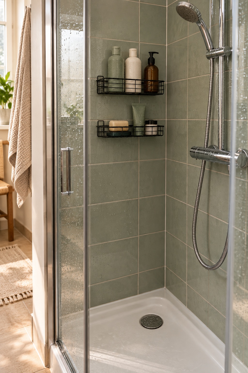 Zwei schwarze Wandkörbe mit Pflegeflaschen in einer kleinen grünen Dusche