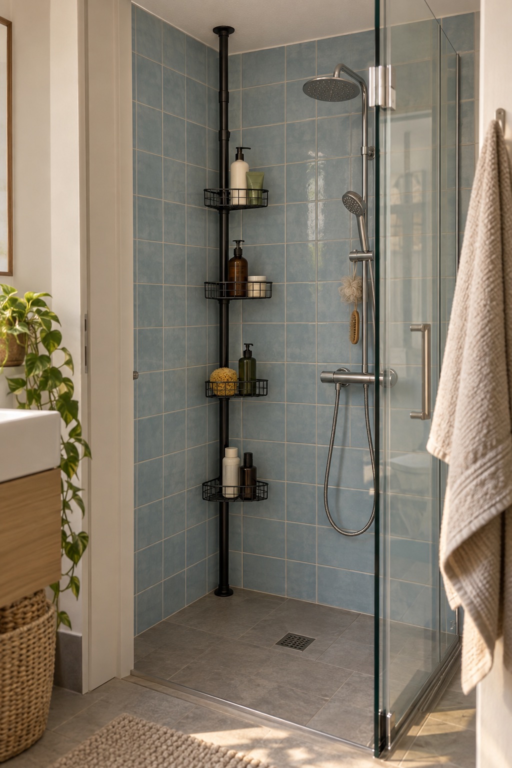 Schwarze Spannstange mit vier Körben in einer kleinen blau gefliesten Dusche