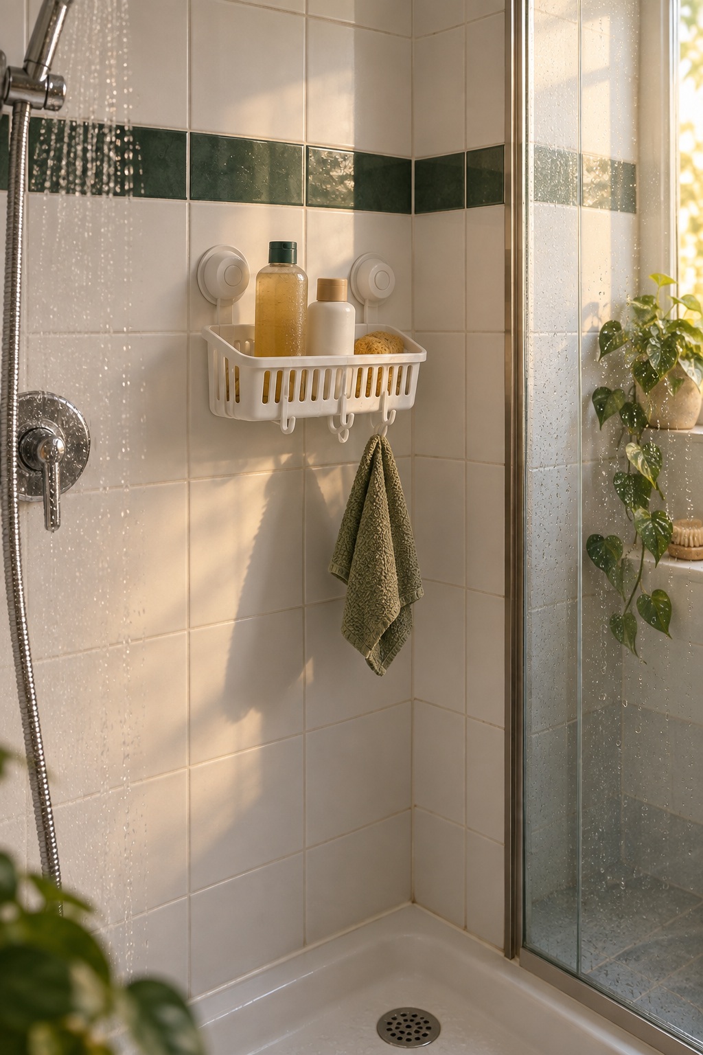 Weißer Kunststoffkorb mit zwei Saugnäpfen und kleinem Waschlappen in der Dusche