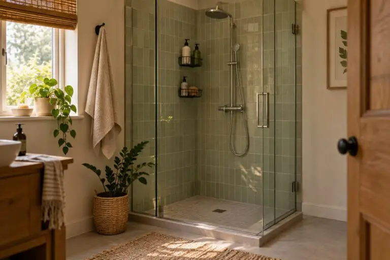 Kleine wohnliche Glasdusche mit Wandkörben und freier Standfläche