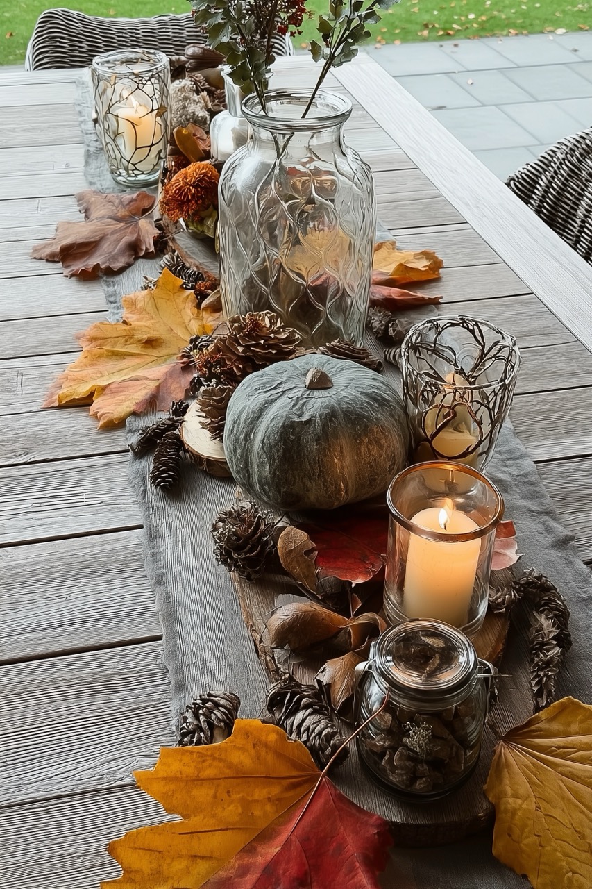 Erstelle eine einfache Tischdekoration mit herbstlichen Farben