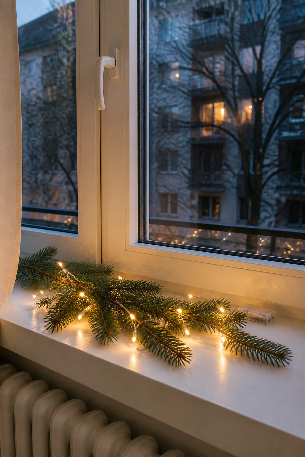 Micro-Lichterkette zwischen lockeren Tannenzweigen auf einer Fensterbank