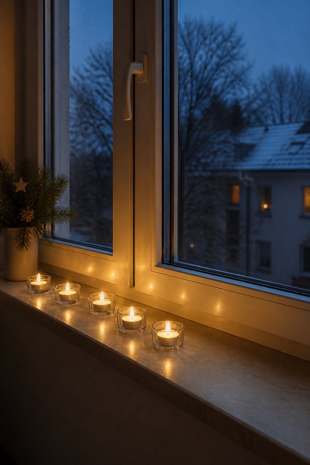 Mehrere LED-Teelichter in niedrigen Gläsern auf einer Weihnachtsfensterbank
