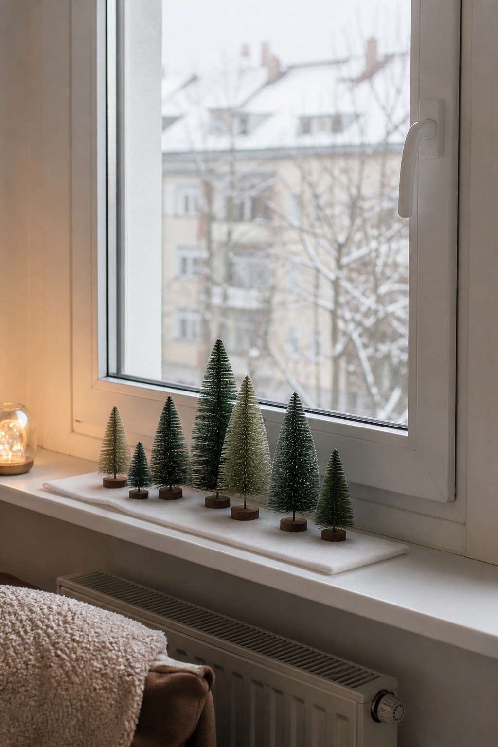 Kleine Gruppe unterschiedlich hoher Mini-Tannen auf einer hellen Fensterbank