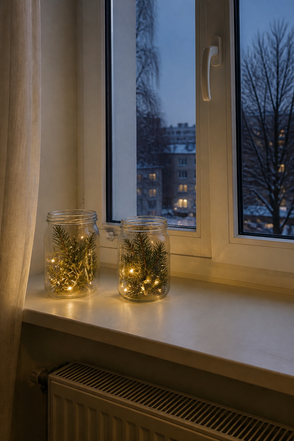 Zwei klare Weithalsgläser mit Lichterketten und Tannenspitzen auf der Fensterbank