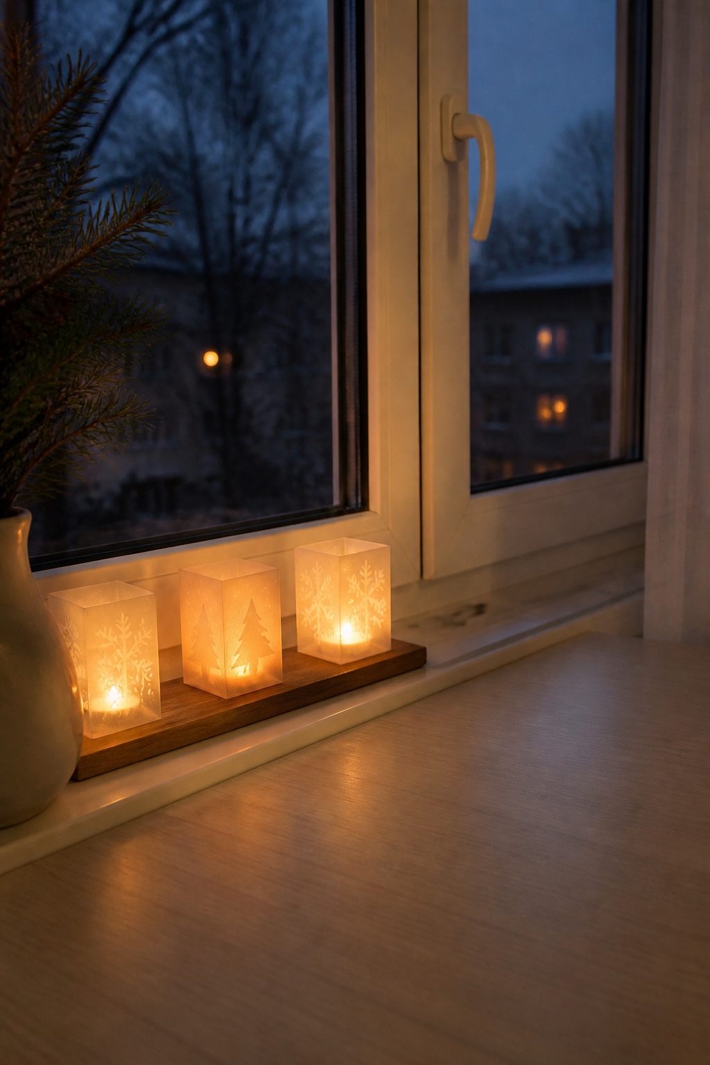 Drei schmale Weihnachtswindlichter mit LED-Lichtern vor einer Fensterscheibe