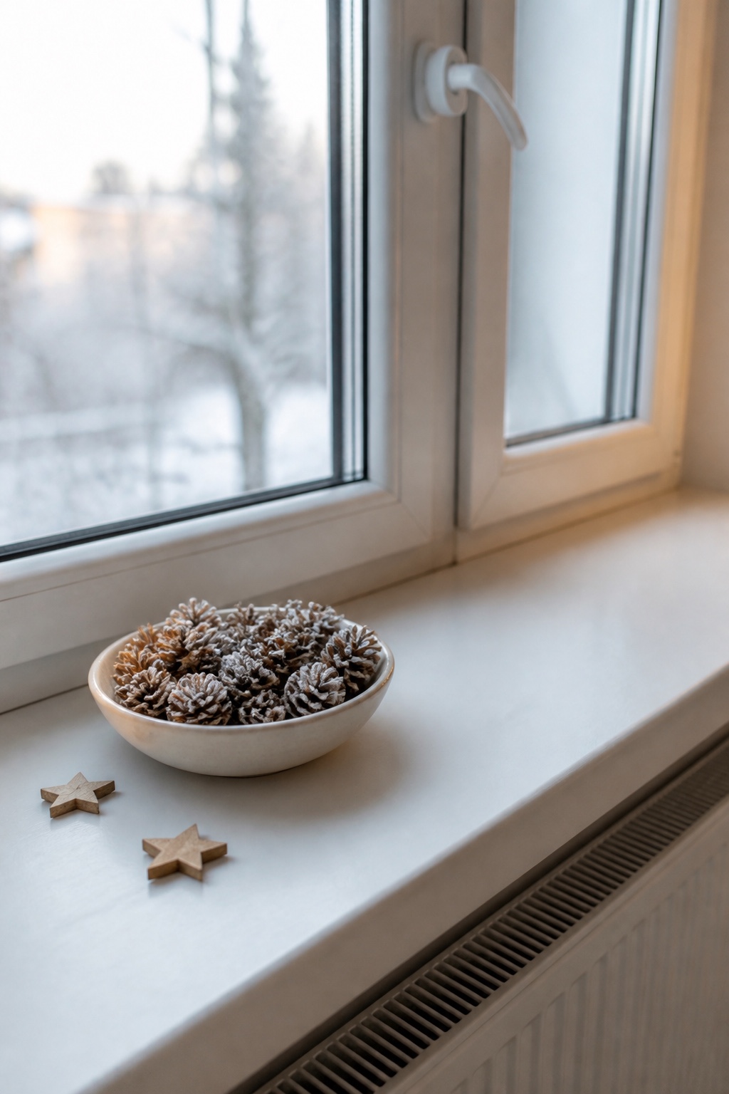 Flache Keramikschale mit kleinen Tannenzapfen auf einer Weihnachtsfensterbank