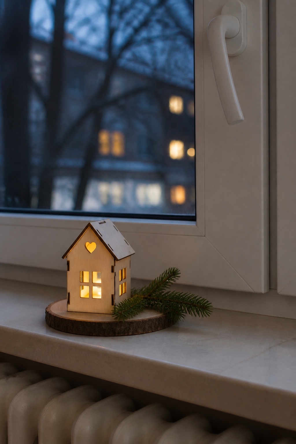 Kleines beleuchtetes Holzhaus mit LED-Teelicht auf einer Fensterbank