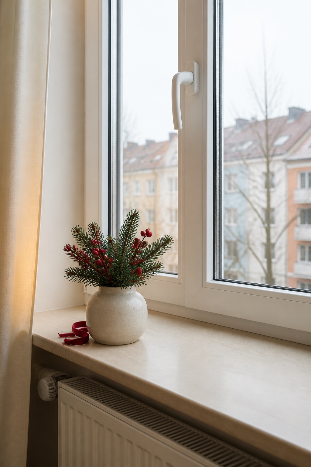 Niedrige Vase mit kurzen roten Beerenzweigen auf einer Weihnachtsfensterbank