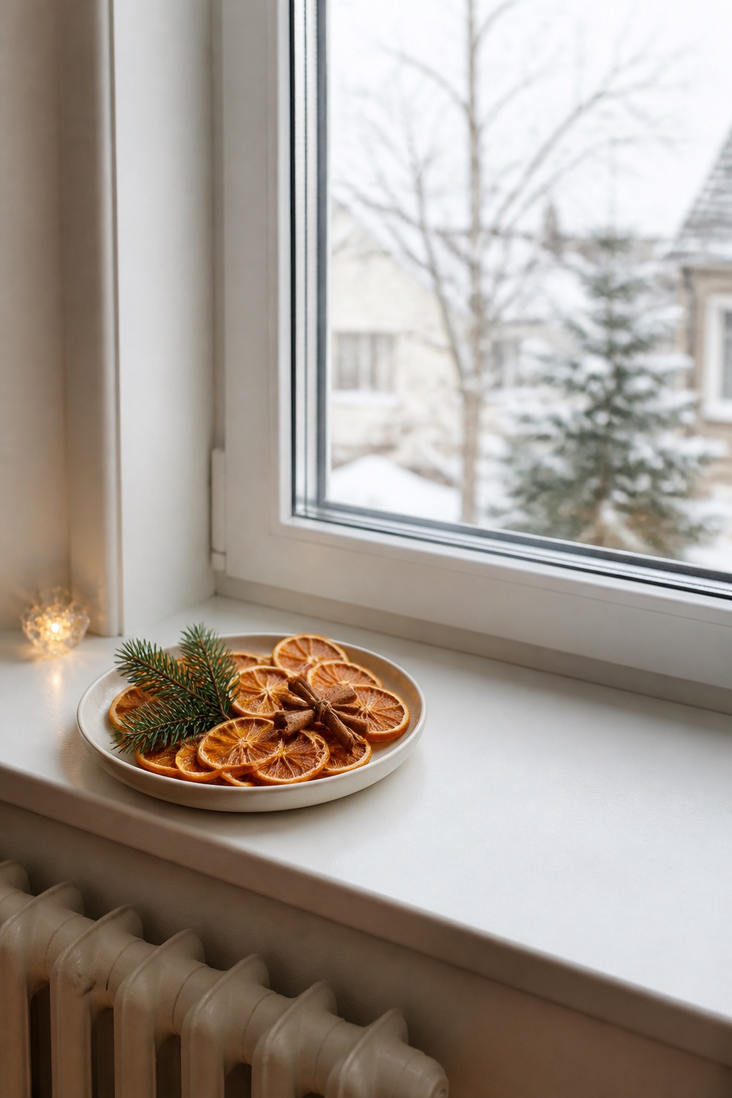 Flacher Keramikteller mit getrockneten Orangenscheiben und Tannengrün auf der Fensterbank