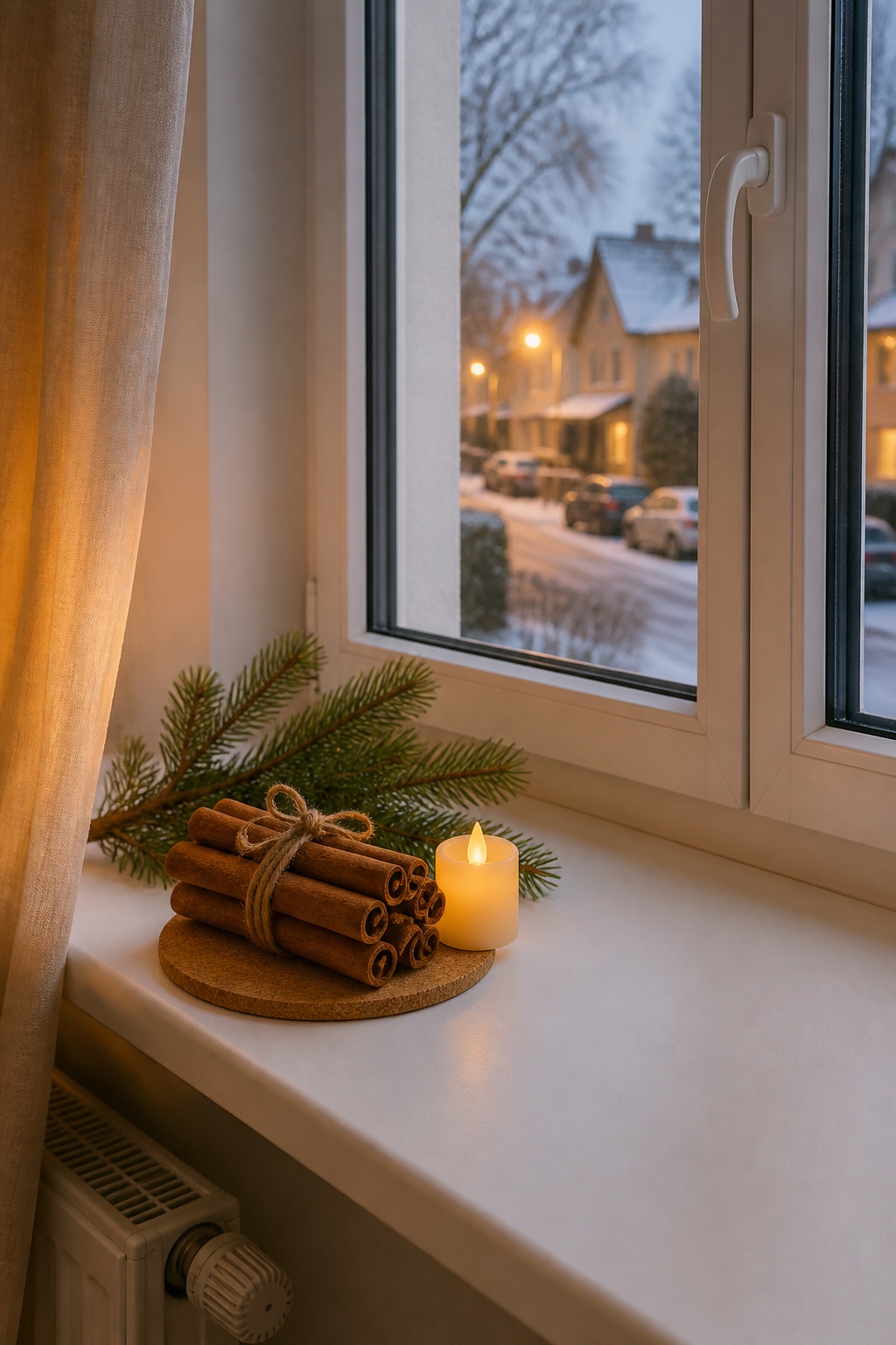 Kleines Bündel Zimtstangen neben einer LED-Kerze auf einer Fensterbank