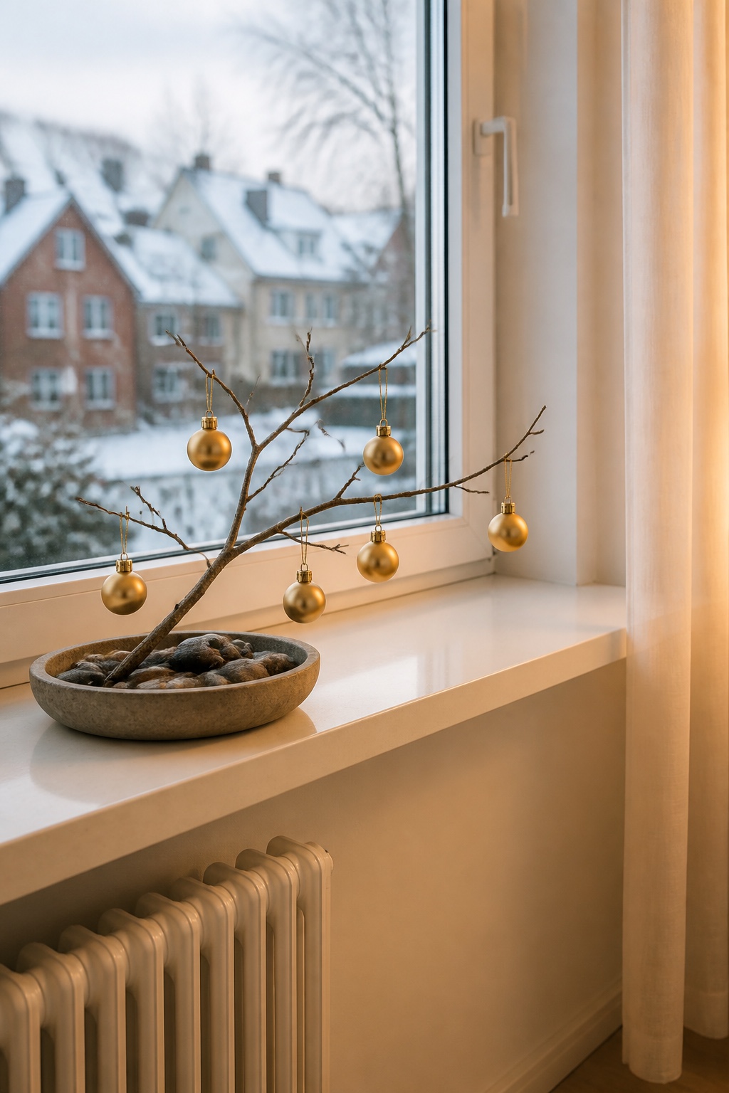 Kahler Zweig mit sechs kleinen goldenen Weihnachtskugeln in einer flachen Steinschale