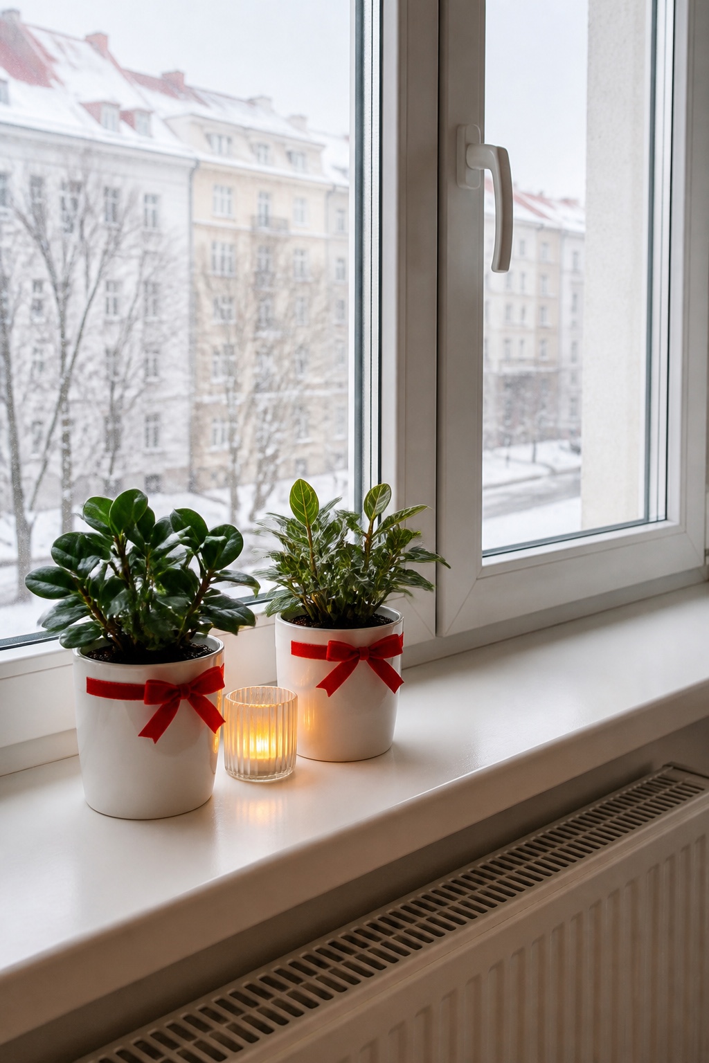 Zwei kleine weiße Übertöpfe mit rotem Samtband auf einer Fensterbank