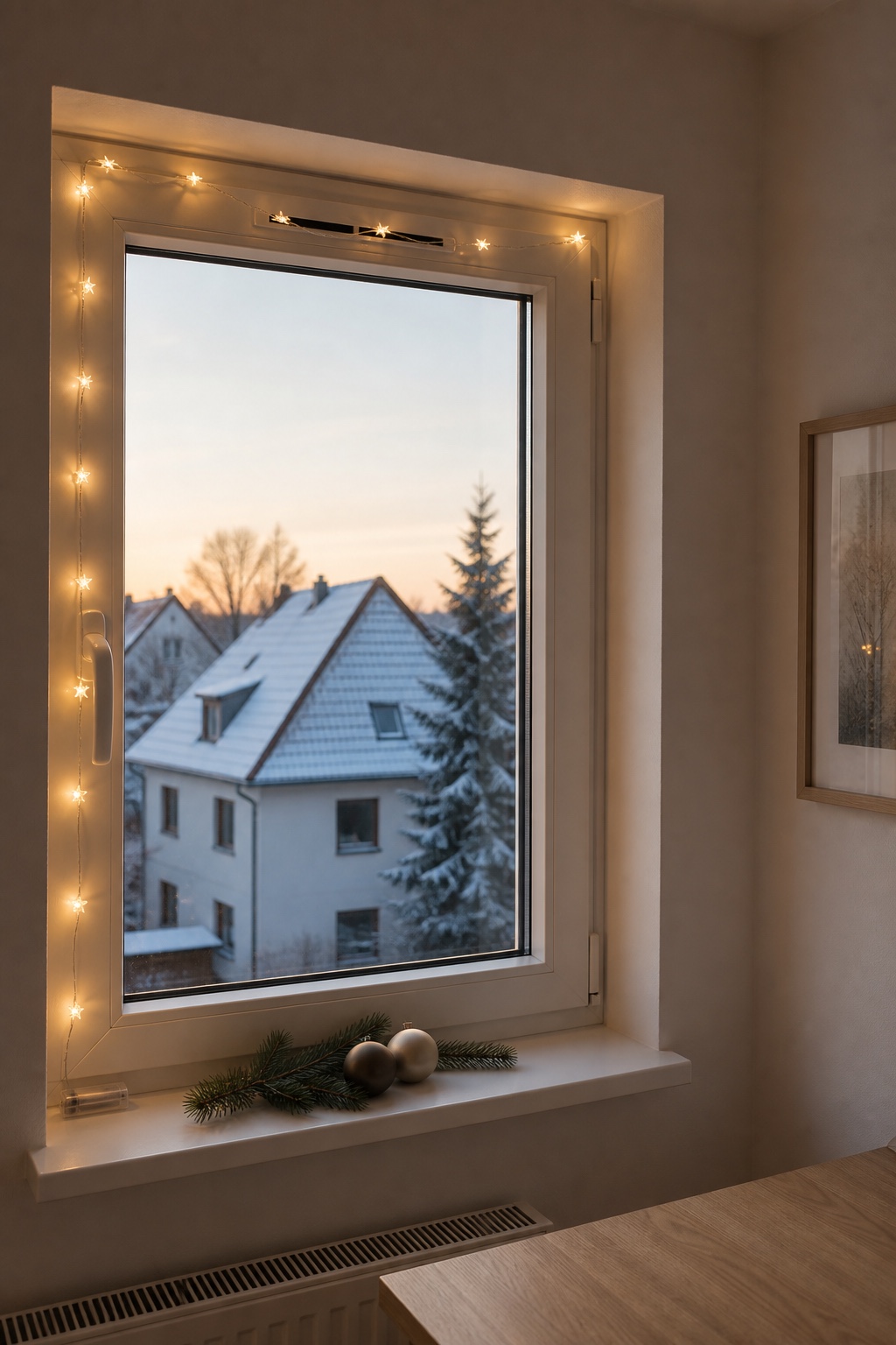 Stern-Lichterkette am inneren Fensterrahmen über einer freien Fensterbank