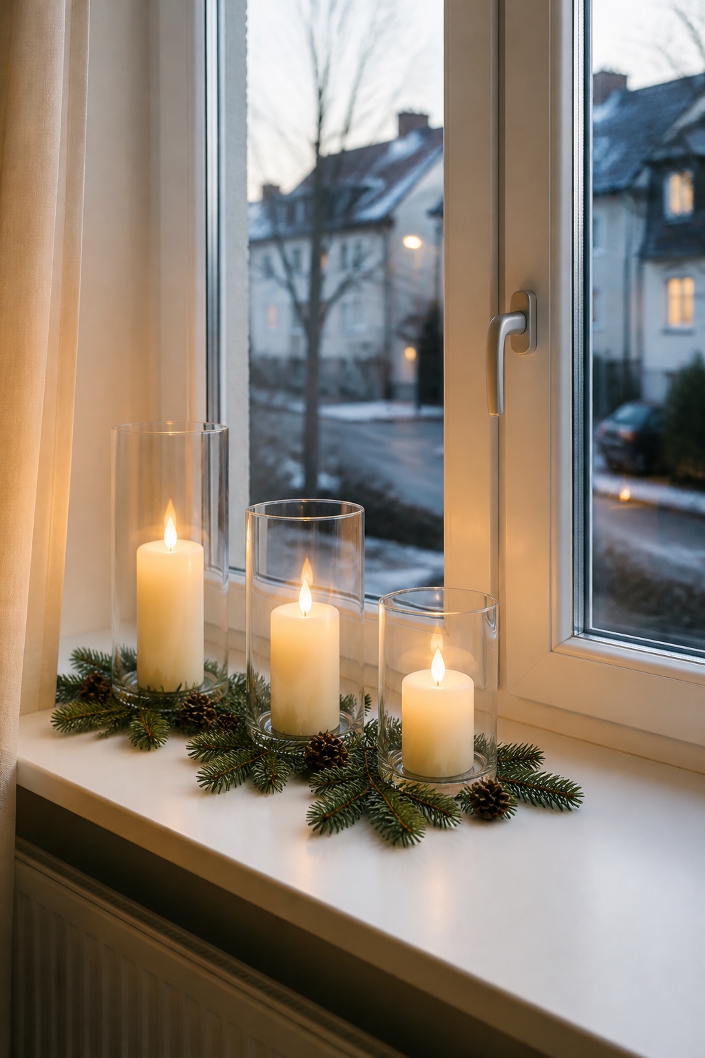 Drei klare Glaszylinder mit LED-Lichtern und kleinen Tannenzweigen auf der Fensterbank