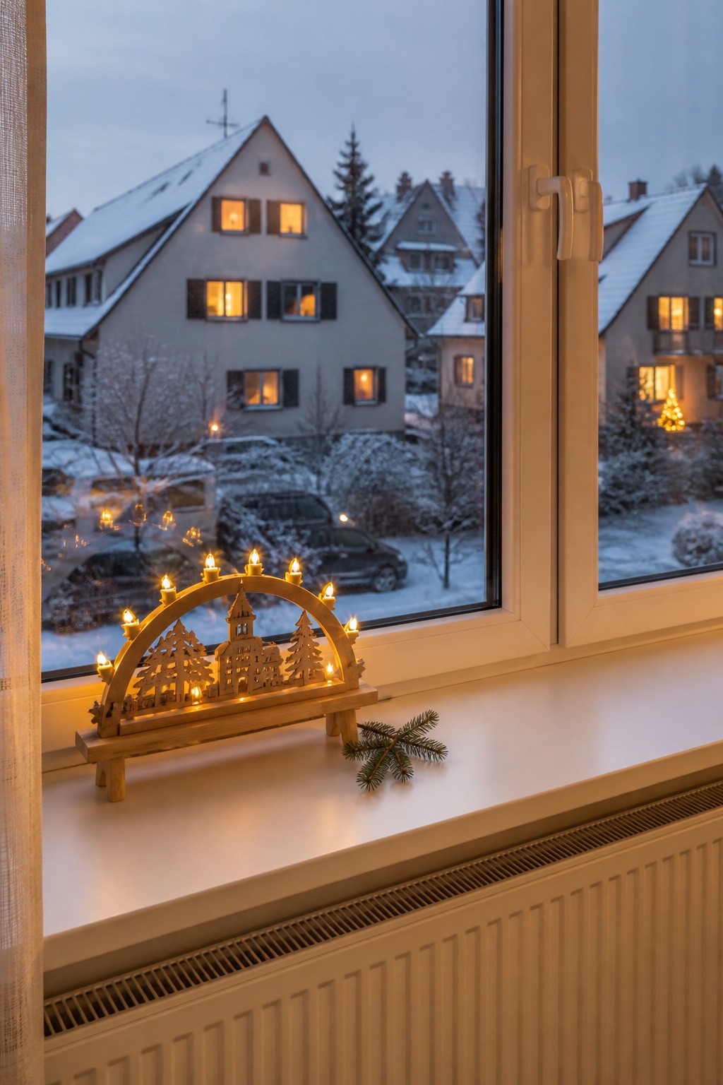 Schwibbogen auf einer schmalen Holzbank vor einem Fenster