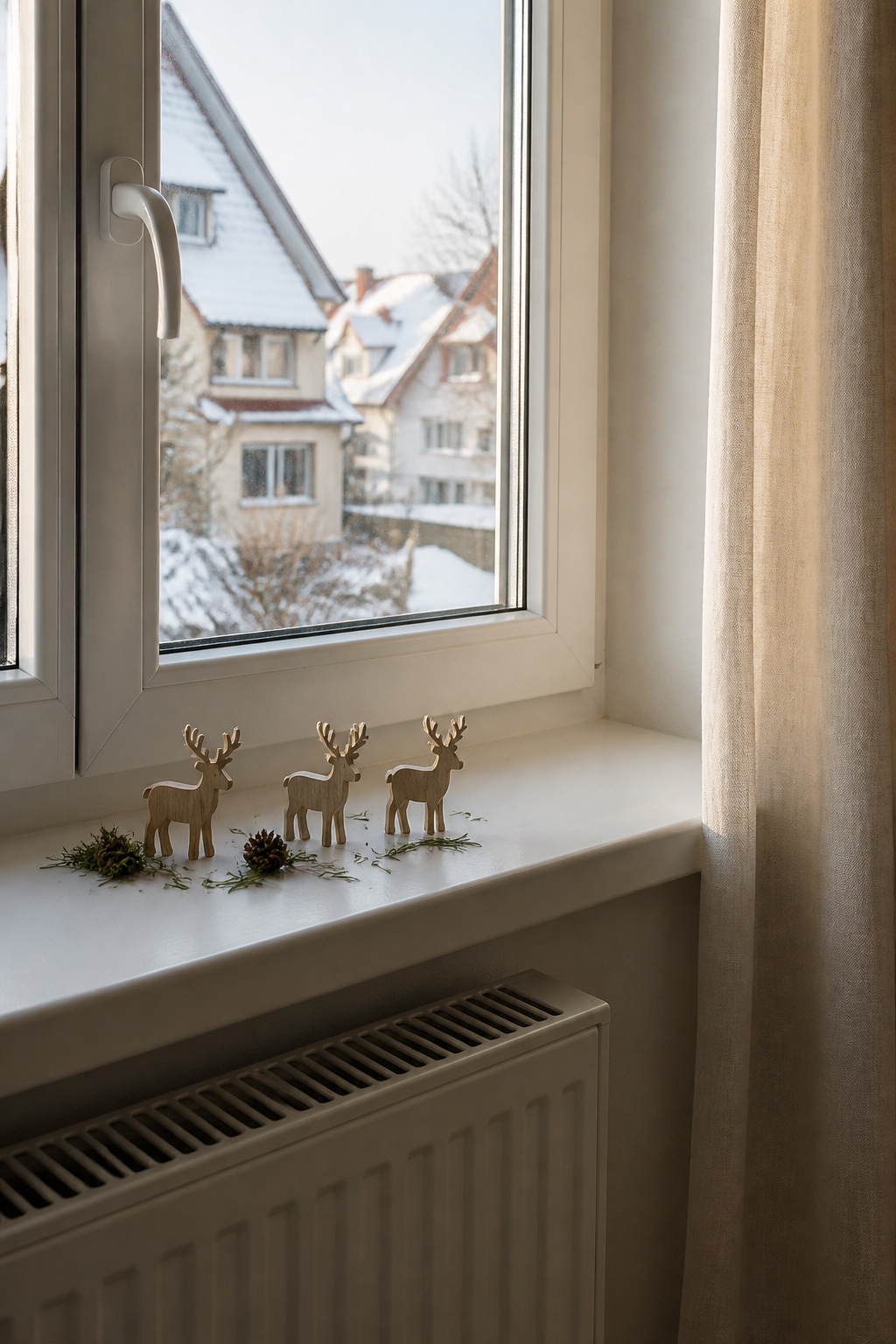 Kleine Holzrentiere zwischen Moos und Zapfen auf einer Fensterbank