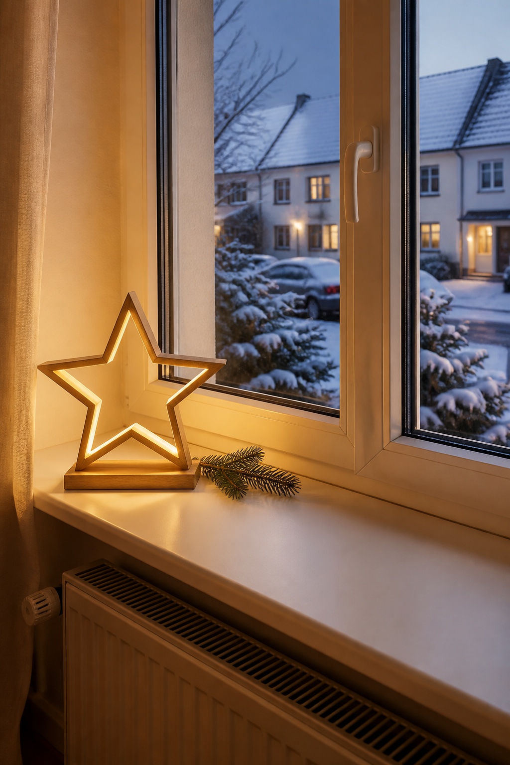 LED-Holzstern standsicher an der seitlichen Fensterlaibung