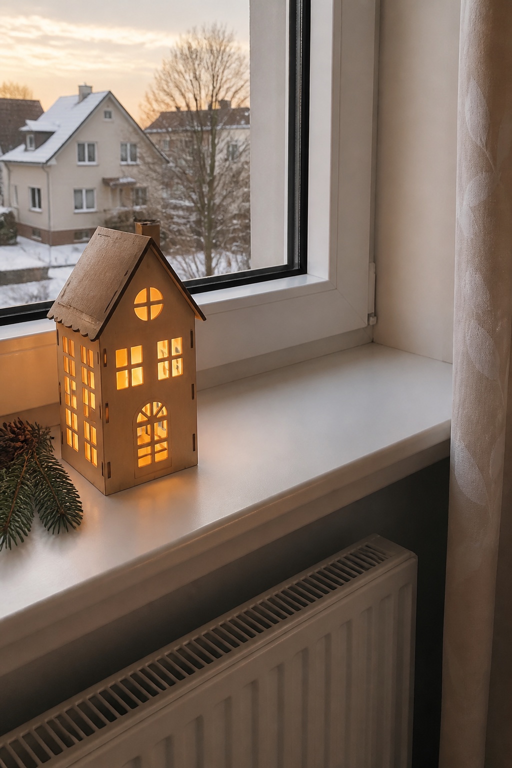 Schmales LED-Holzhaus vor einem festen Fensterteil auf der Fensterbank