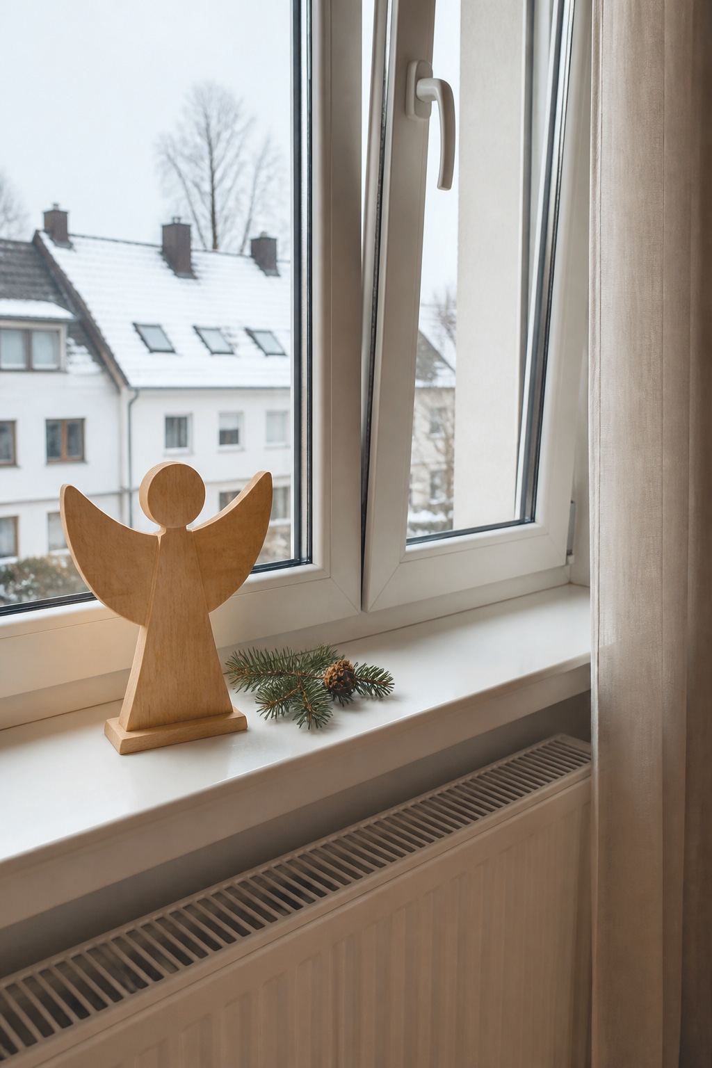 Naturfarbener Holzengel mit kurzem Tannenzweig auf einer Fensterbank