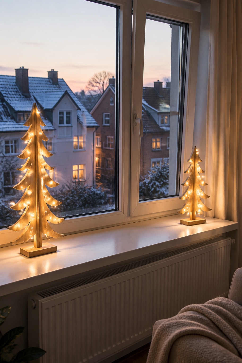 Zwei LED-Holztannen an den Seiten einer breiten Weihnachtsfensterbank