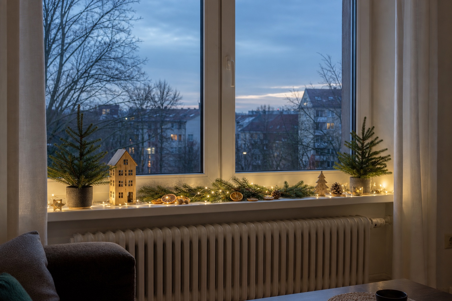 Weihnachtlich dekorierte Fensterbank in einer realistisch bewohnten deutschen Wohnung