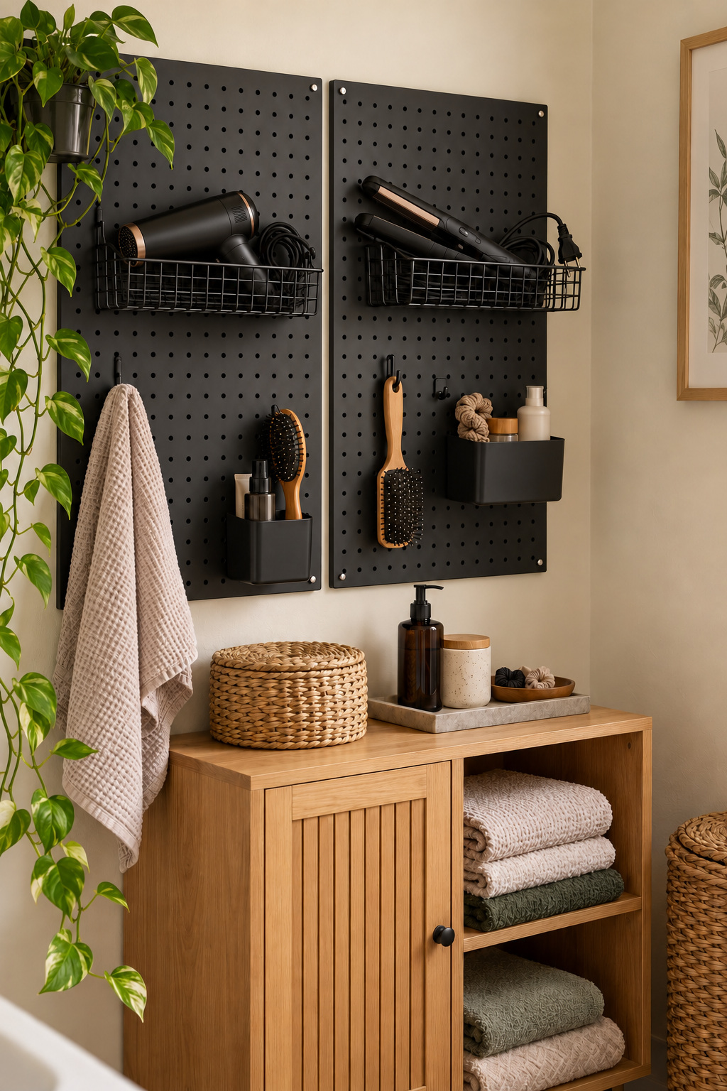Schwarze Lochwand mit getrennten Körben für Föhn und Glätteisen über einem Holzschrank