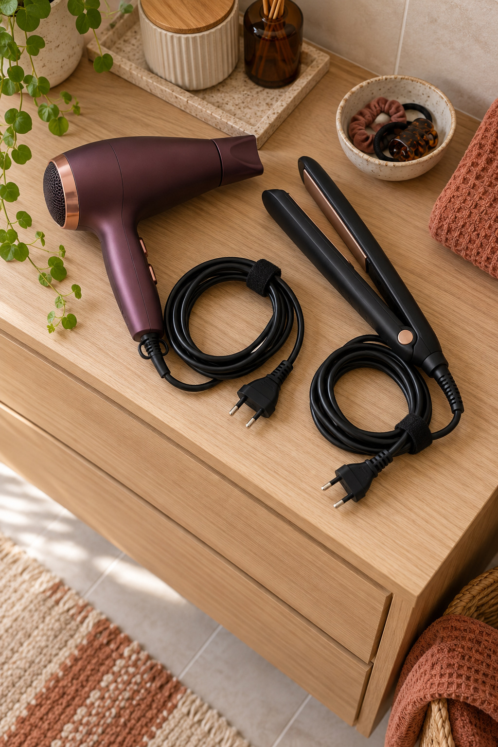 Zwei ausgesteckte Haargeräte mit locker gelegten Kabelschlaufen und getrennten Klettbändern
