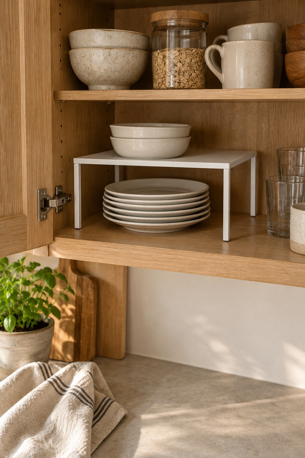 Weißer Regaleinsatz trennt Teller und Schalen in einem Holzschrank