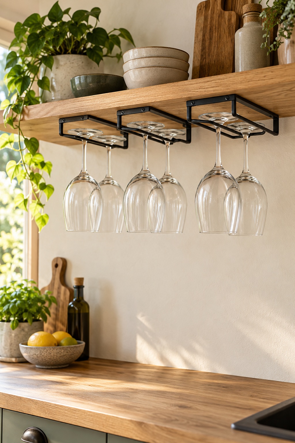 Stielgläser hängen unter einem Holzregal an schwarzen Schienen
