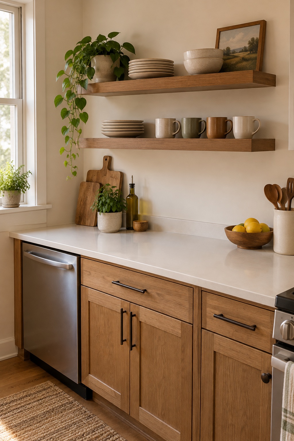Zwei Wandboards mit kleinen Tellerstapeln und Tassen