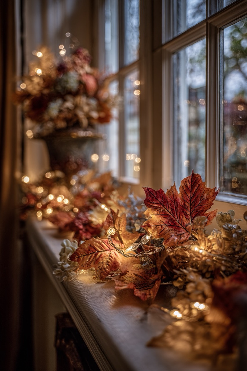 Gestalte ein herbstliches Fenster mit Blättern und Lichtern