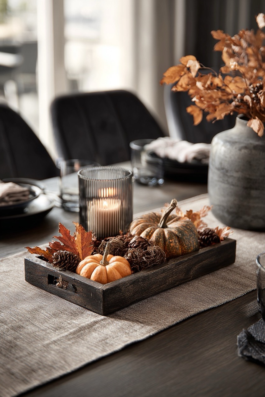 Gestalte ein Tablett mit herbstlichen Accessoires für den Tisch