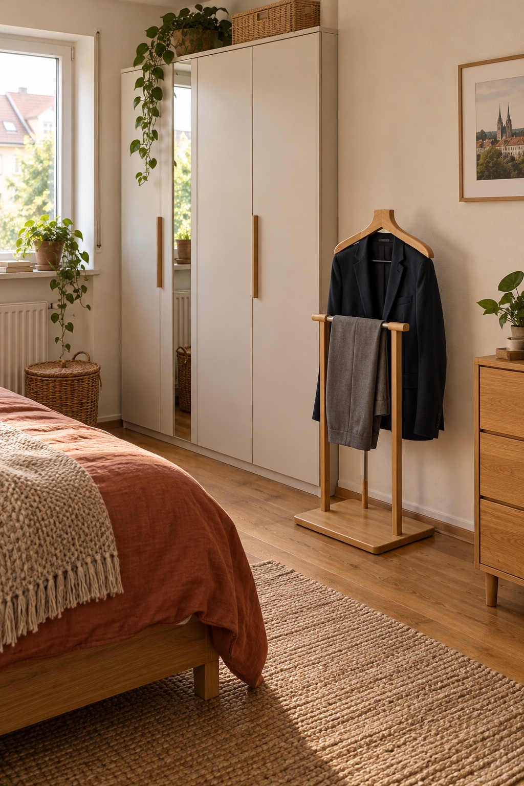 Bambus-Herrendiener mit Blazer und Hose neben dem Kleiderschrank
