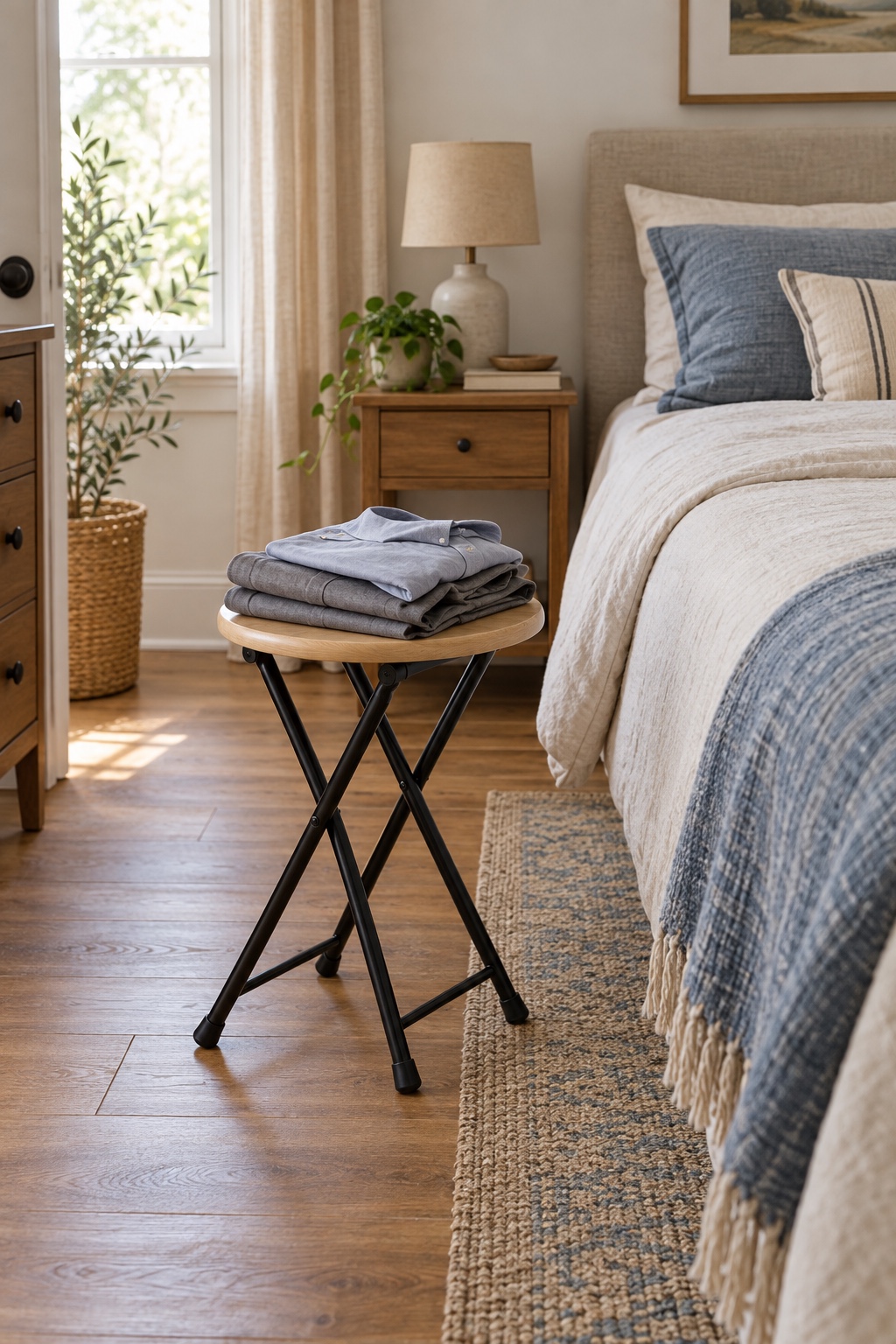 Kleiner Klapphocker mit rundem Holzsitz und gefaltetem Outfit
