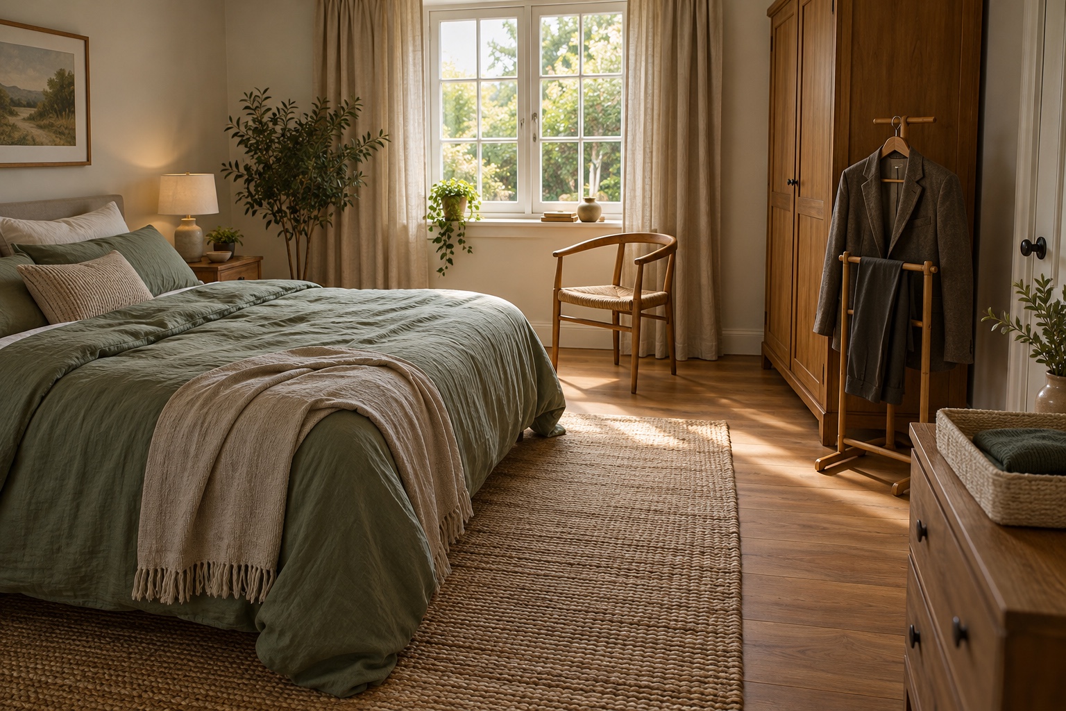 Kleines Schlafzimmer mit freiem Stuhl, stummem Diener und getrennten Kleiderablagen