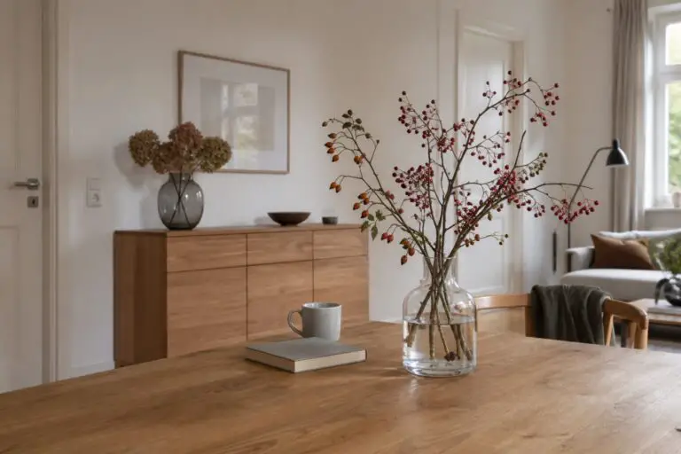 Herbstlich dekorierte Glasvasen mit Beerenzweigen und Hortensien in einem deutschen Wohn- und Esszimmer