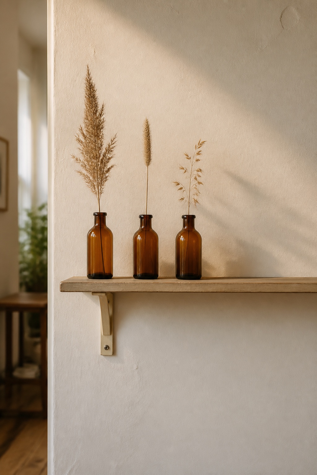 Drei kleine braune Glasflaschen mit einzelnen Herbstgräsern auf einem Wandregal