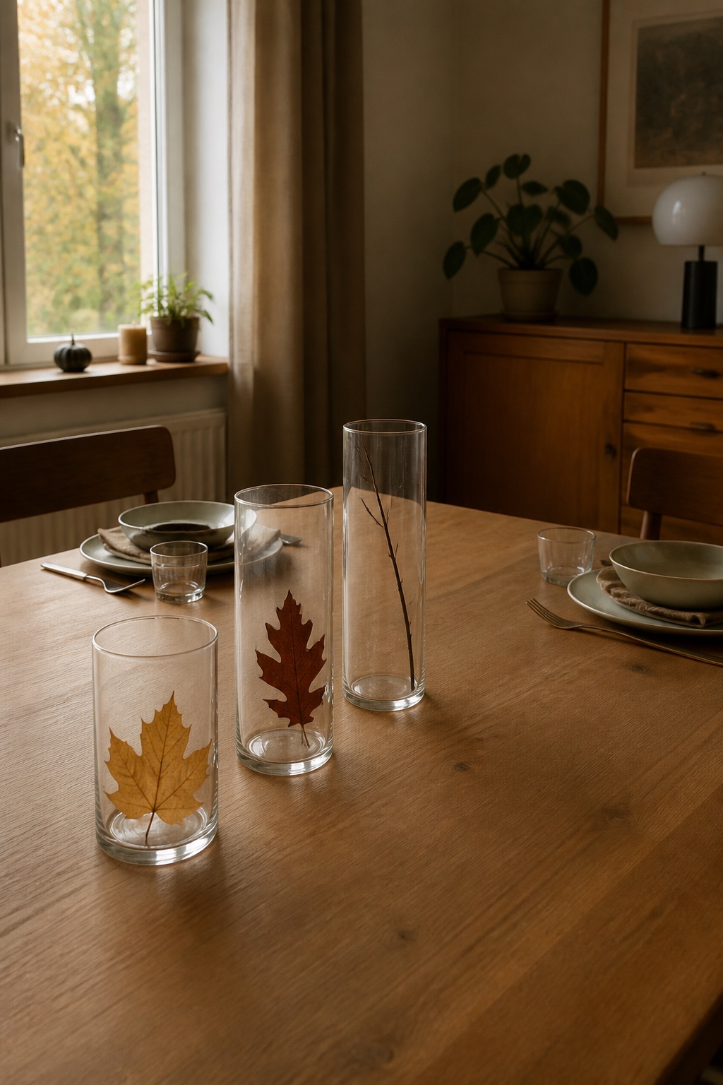 Drei klare Glaszylinder mit einzelnen Herbstblättern in unterschiedlichen Höhen auf einem Esstisch