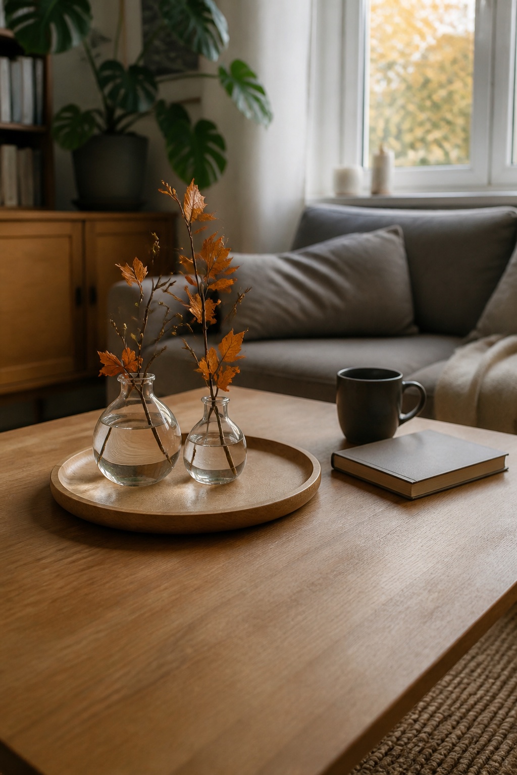 Zwei kleine Glasvasen mit Herbstzweigen auf einem runden Holztablett auf dem Couchtisch