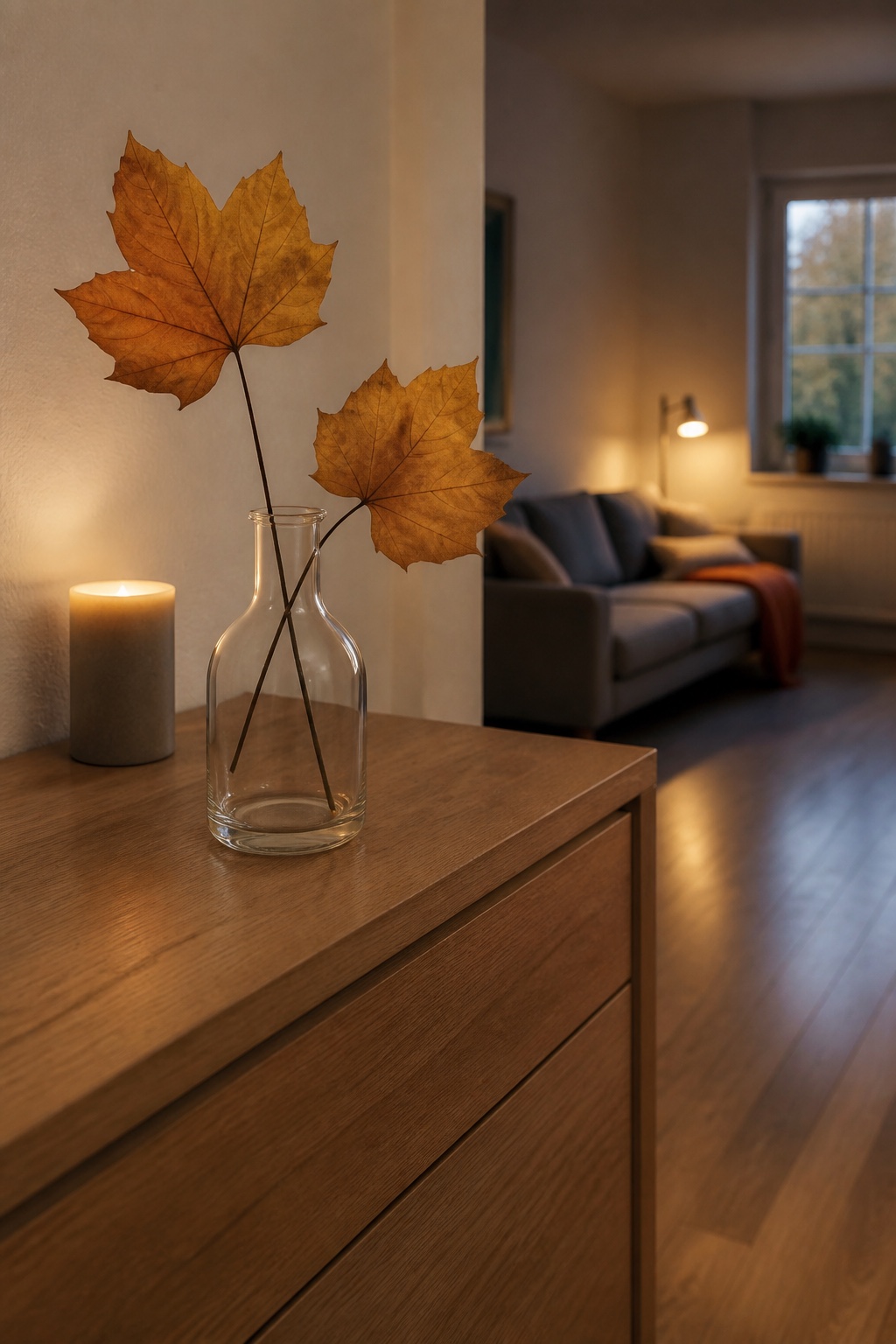 Graue LED-Kerze hinter einer klaren Glasvase mit transparenten Herbstblättern auf einem Sideboard