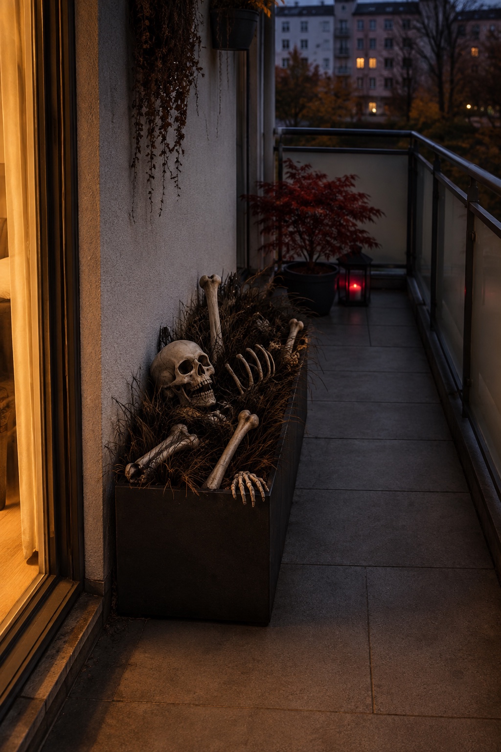 Skelettknochen und ein Totenkopf ragen aus einem dunklen Pflanzkasten am Rand des Balkons
