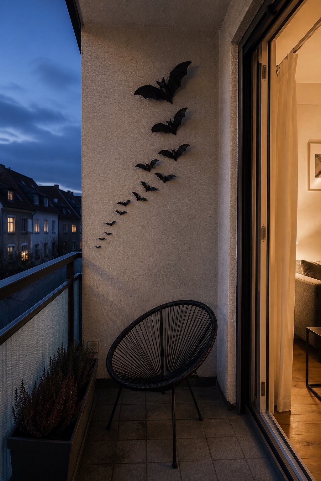 Schwarze Fledermäuse ziehen diagonal über die feste helle Seitenwand eines Balkons