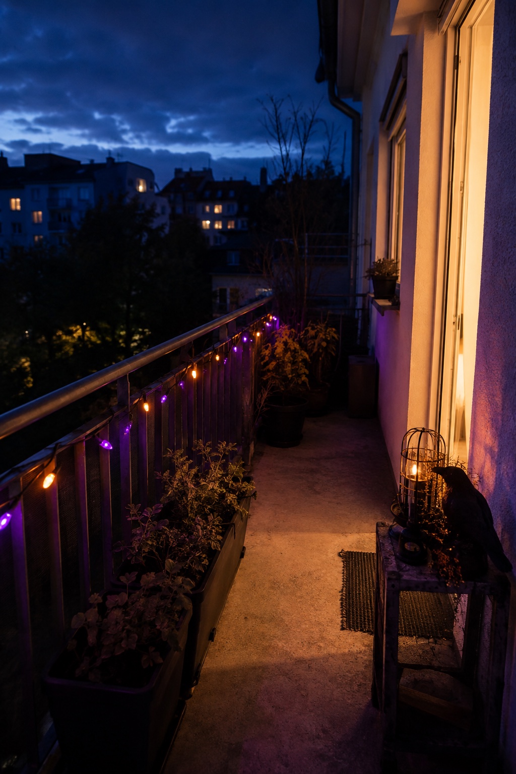 Orange-violette Halloween-Lichterkette verläuft sicher unter dem Handlauf eines schmalen Balkons