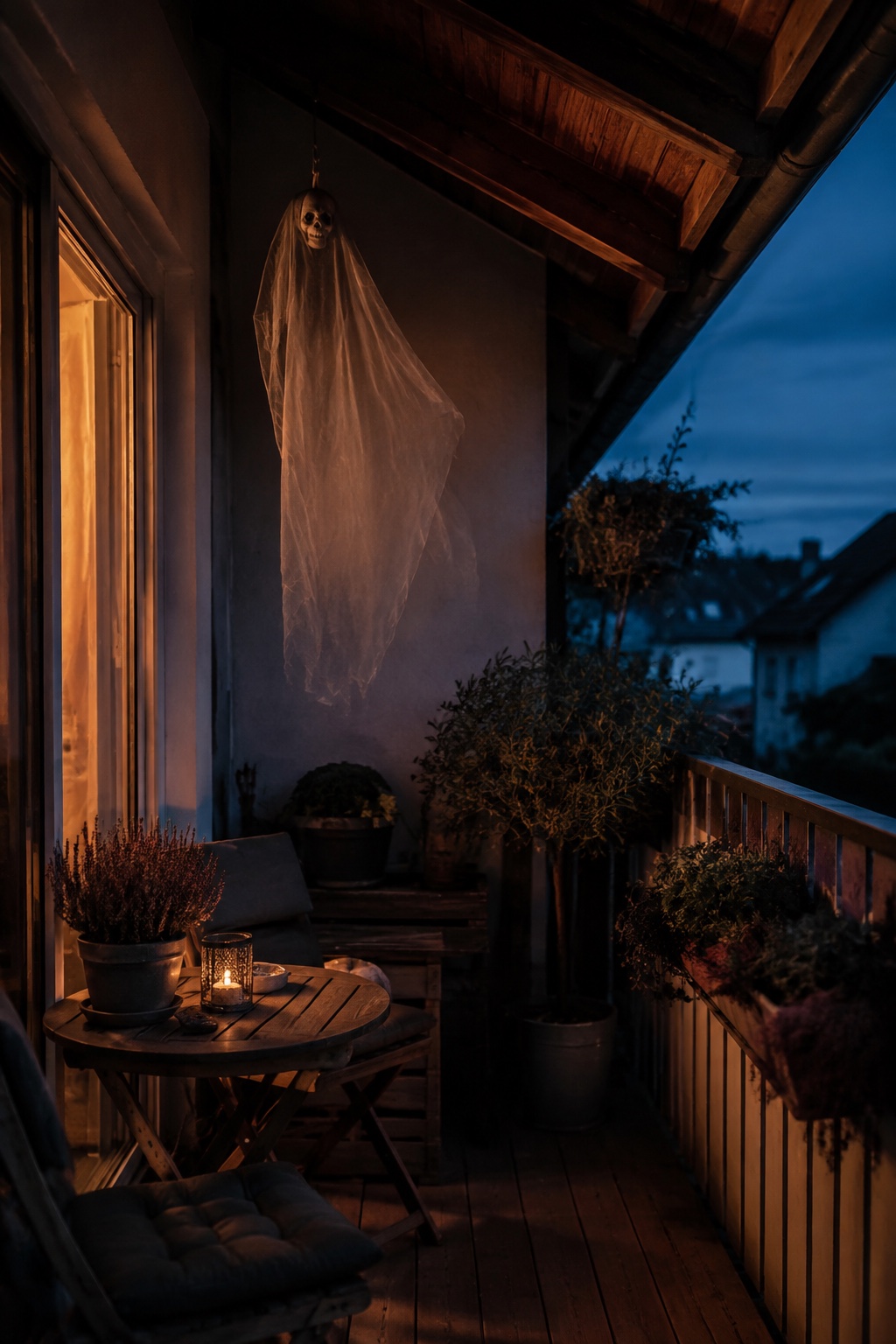 Ein zerrissener Halloween-Geist schwebt sicher unter einer überdachten Balkondecke