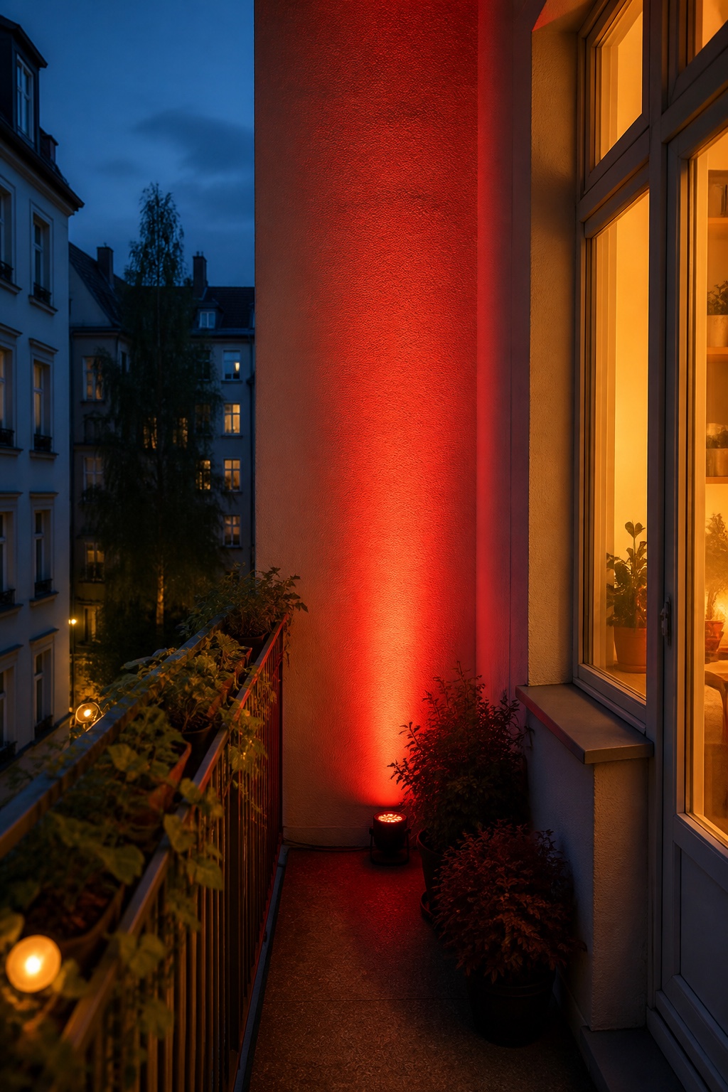 Tiefroter Lichtkegel steigt von einem sicher platzierten Strahler über eine freie Balkonwand