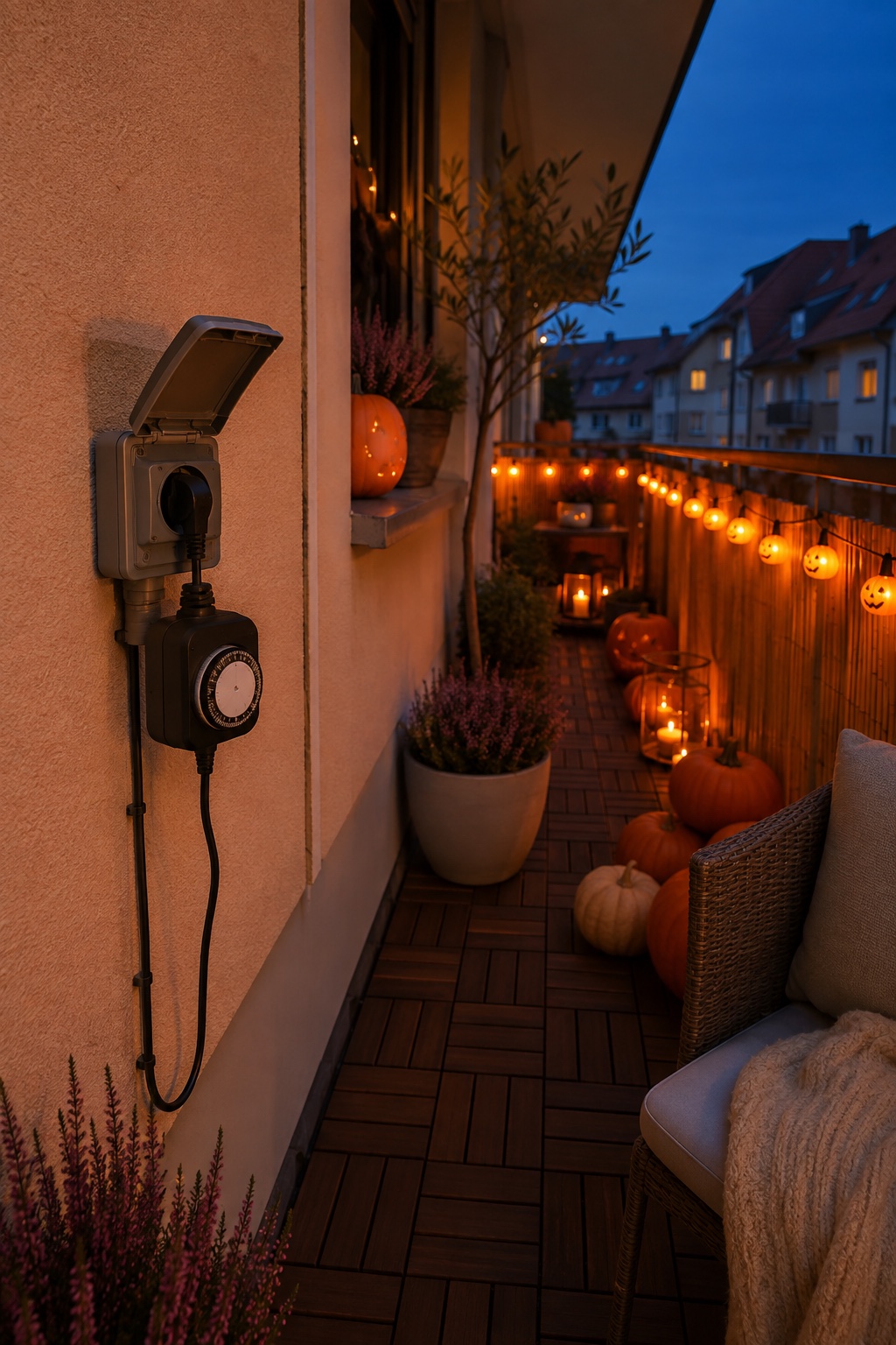 Geschützte Outdoor-Zeitschaltuhr versorgt sicher eine Halloween-Lichterkette auf einem Balkon